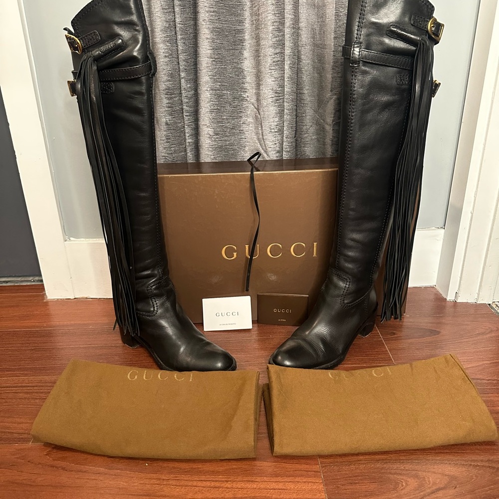 Gucci Black Leather Over-The-Knee Fringe Riding Boots